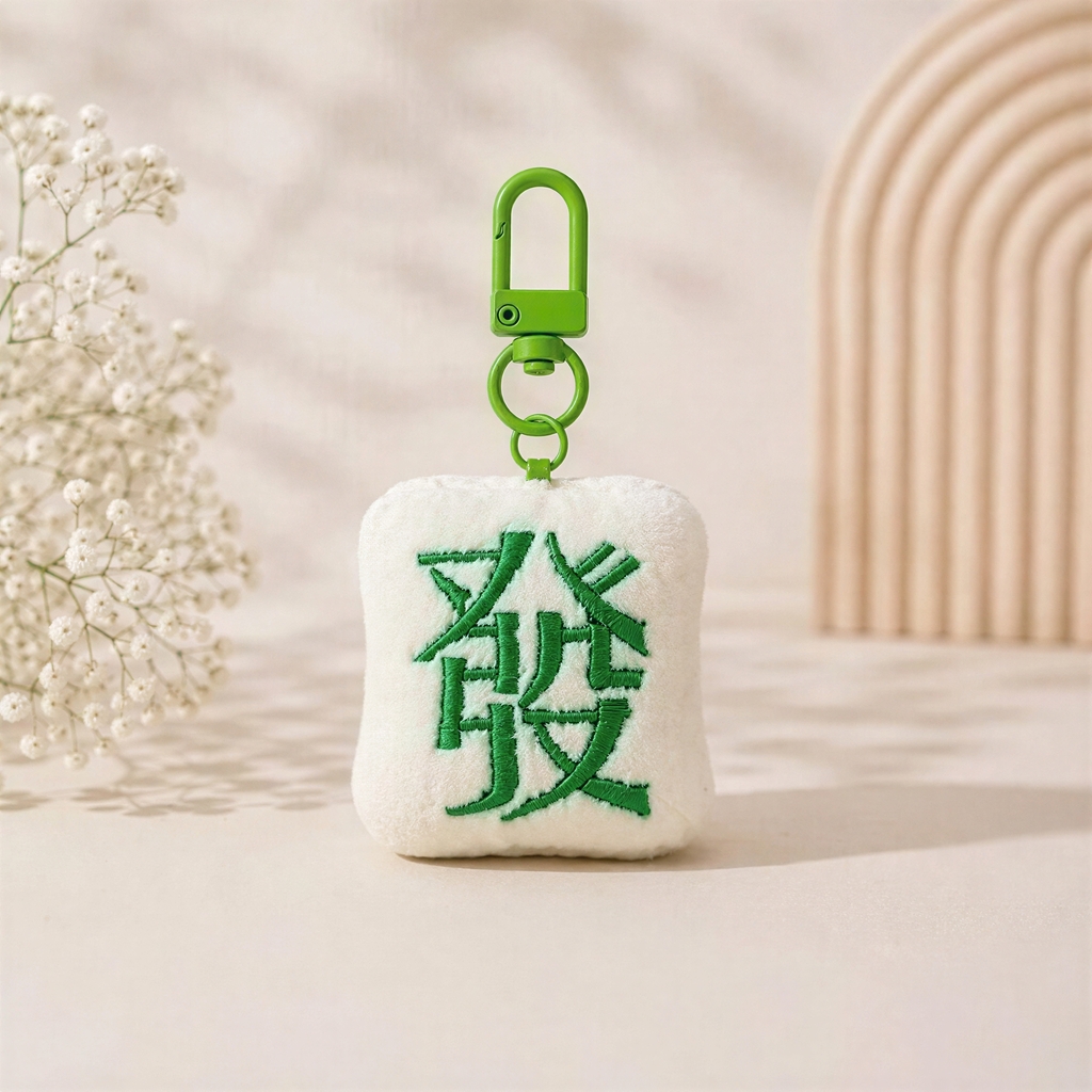 Mahjong bag charms in white, green and red