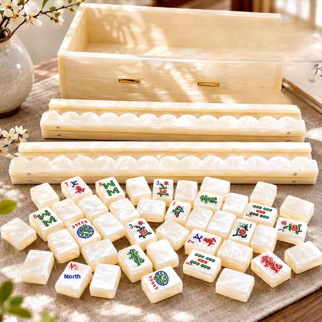 Premium translucent shell finish mahjong tile set with matching storage box